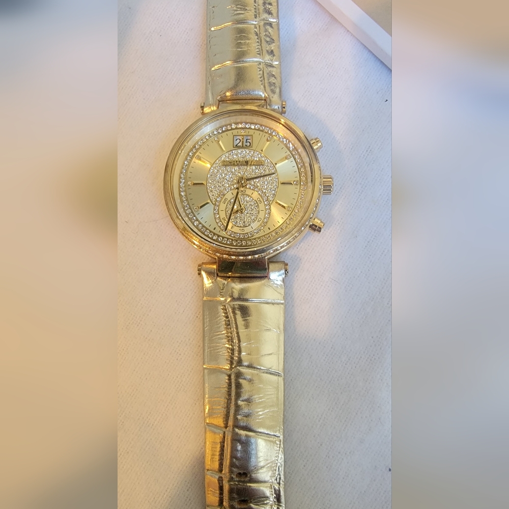 MICHAEL KORS GOLD Crystal Bezel Ladies Watch GOLD Leather Snake Strap Box $325 - Picture 13 of 13